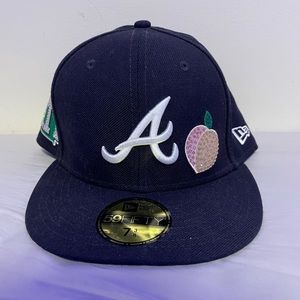 New Era MLB Atlanta Braves ATL Map Crystal Peach 59Fifty Navy Hat Size 7 5/8